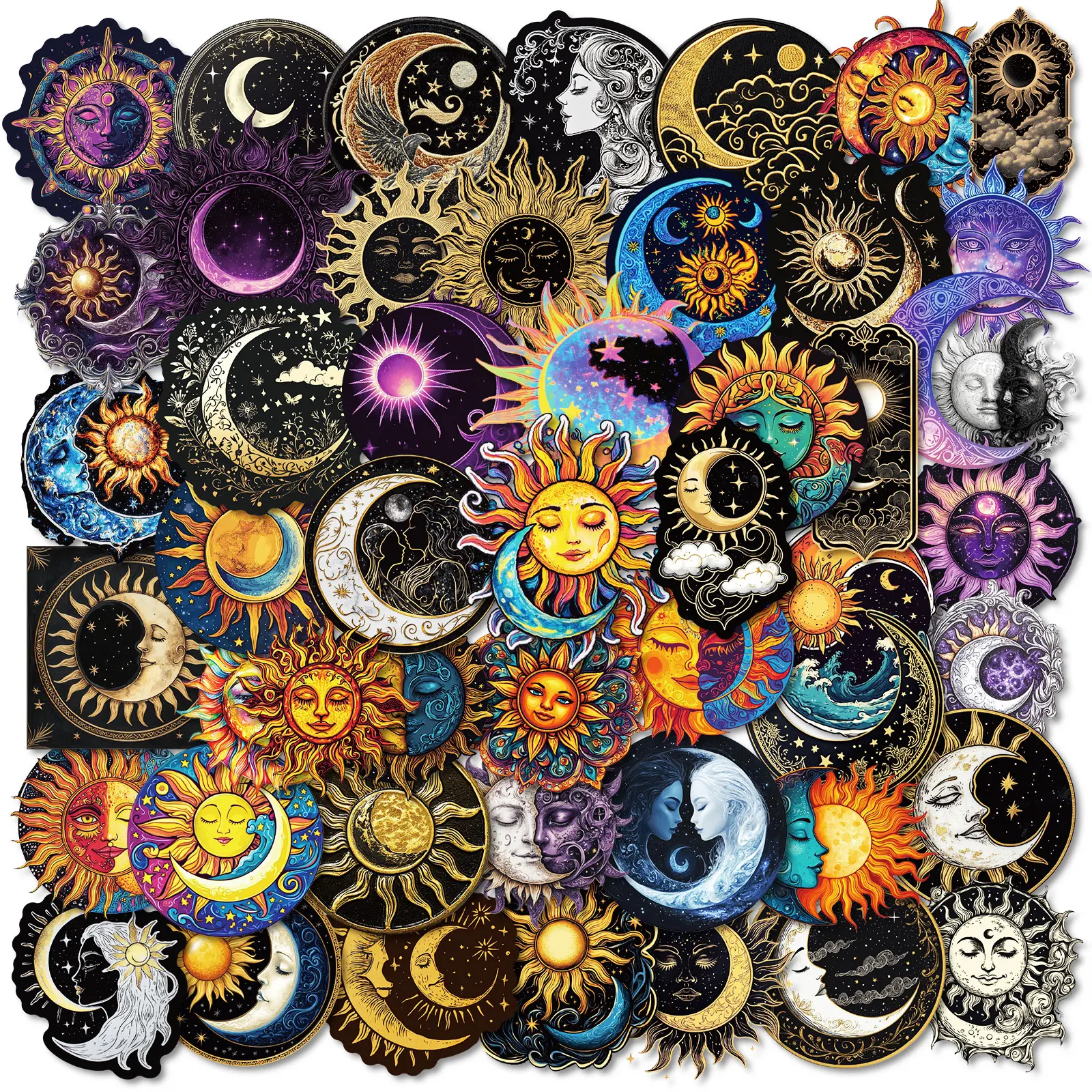 Sun & Moon & Star Pattern Sticker, 50pcs/set Self Adhesive Decorative Stickers, DIY Decals for Water Bottle, Laptop, Cellphone, Phone Case, Scrapbooking, Journal Making, Devices