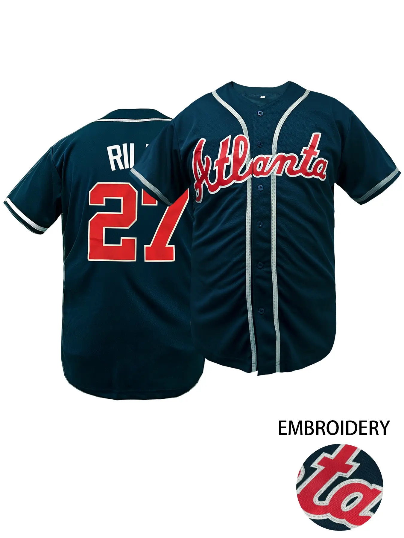 Men's Atlanta #27 Embroidered Baseball Jersey, Jersey Shirts, Casual V-Neck Short Sleeve Baseball Shirt, Breathable Loose Fit Sportswear, Outdoor Sports & Daily Wear, Unisex Style, Gift for Training, Thanksgiving, Christmas, Sports Clothing