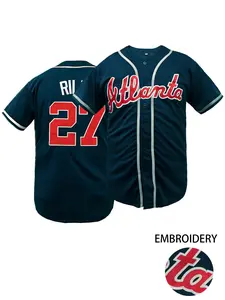 Men's Atlanta #27 Embroidered Baseball Jersey, Casual V-Neck Short Sleeve Baseball Shirt, Breathable Loose Fit Sportswear, Perfect for Outdoor Sports & Daily Wear, Unisex Style,Gift for Training,Thanksgiving,Christmas,New Year, Sports Clothing