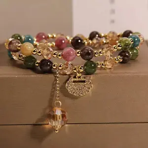 Veliora Gift S Premium Double-Strand Rainbow Tourmaline Beaded Bracelet，Wearing natural gemstones brings you energy and wealth.