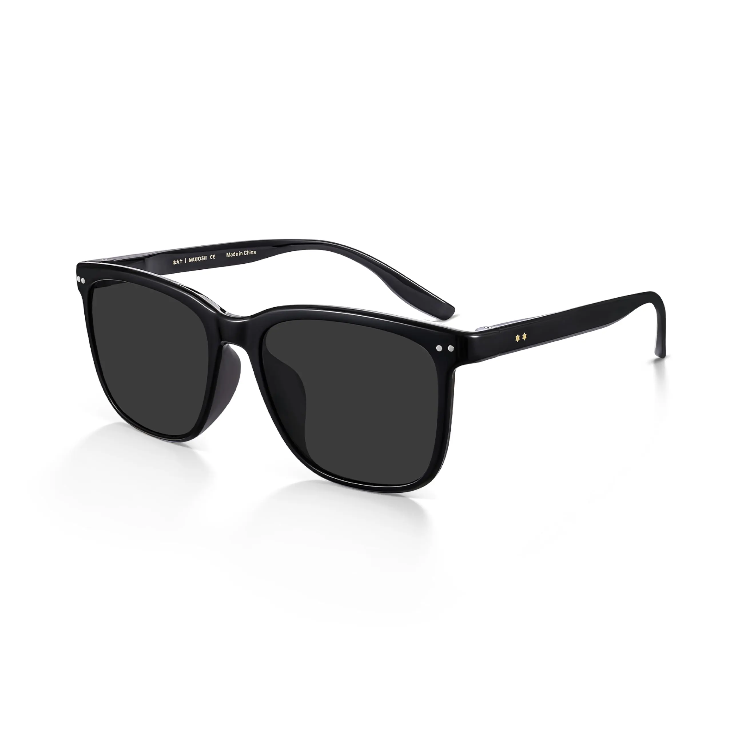MUJOSH Square Sunglasses for Women Men, Lightweight 21.9g AQUA Flexible Frame with Spring Hinges, Anti-Oil UV400 Shades with Crystal Logo Tip, Obsidian Black, Brand of EssilorLuxottica