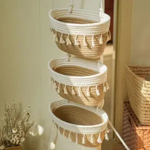 Three-Layer Woven Decorative Basket, Dual Color Fringe Hanging Basket, Wall-Mounted Organizer Storage Basket for Baby Room Toys & Laundry