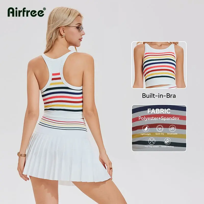 Airfree Two Piece Tennis Skirt Set Golf Outfits for Women High Waisted Tennis Short Dress with Pockets Athletic 2 Piece Sets