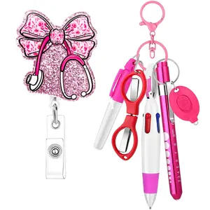 6 Piece Nurse Badge Work Set Includes Permanent Marker, Pen Light, Retractable Ballpoint Pen, Bow Tie Badge Clip, Foldable Scissors, LED Flashlight