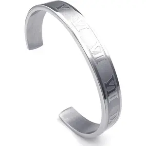Jonline24h Mens Womens Stainless Steel Bracelet Classic Roman Numeral Cuff Bangle Silver