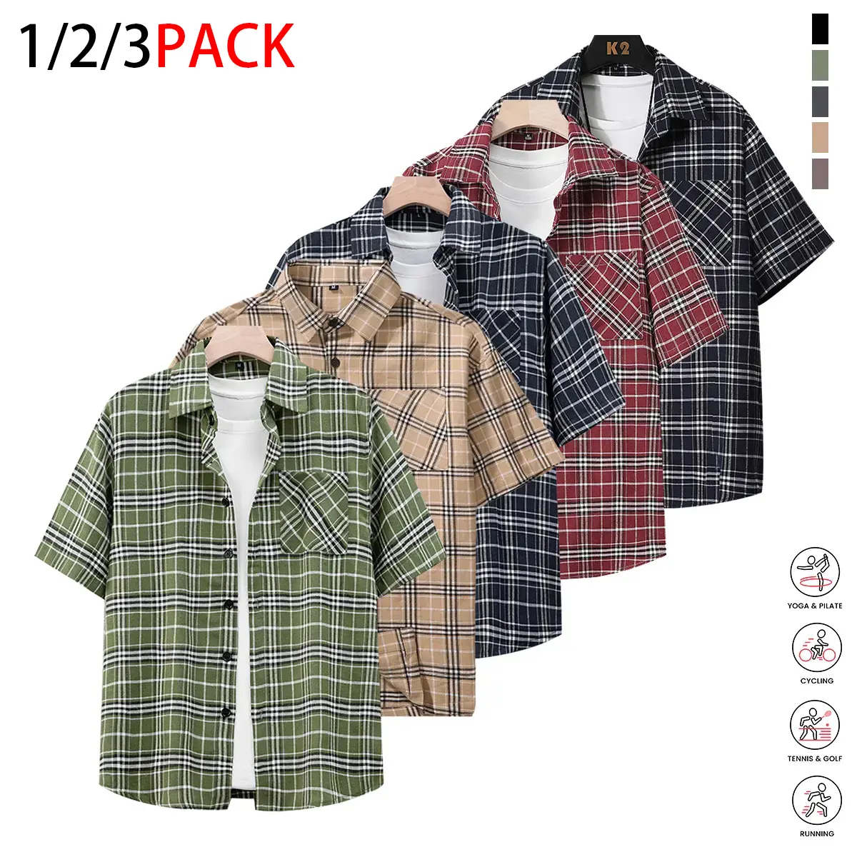 1/2/3 Pack, Men's Plaid Striped Short Sleeve Button Down Shirt, Casual Checkered Collar Top, Trendy Streetwear Overshirt for Summer, Beach, Vacation, Daily Wear, Layering, Weekend Outfit, Classic Versatile Shirt,Easy Match Fashion Top, Unisex Daily Style