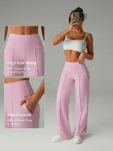 Women's Soft Knit Sporty Sweatpants, High Waist Wide Leg Running Pants with Pockets, Comfortable Fashion Style for Outdoor and Casual Sports, Elastic Waist Activewear