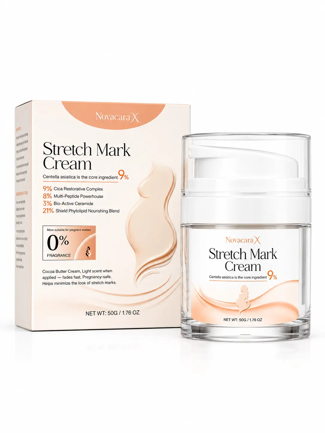 NovacaraX Cica Body Smoothing Cream with Peptides Ceramide and Barrier Support for Stretch Marks Pregnancy and Postpartum Skin Care