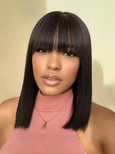 4x4 HD Lace Short Bob Wig 100% Real Human Hair 99J Burgundy Wine Red Color Short Bob Haircuts With Full Bangs Straight Pre Plucked with Baby Hair Natural Hairline 12 Inch 150% Density Natural Black 1B for Women Daily Party Use