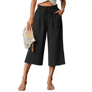 Lepunuo Women's Wide Leg Capri Pants High Waisted Palazzo Pants Adjustable Casual Tie Knot Pants with Pockets