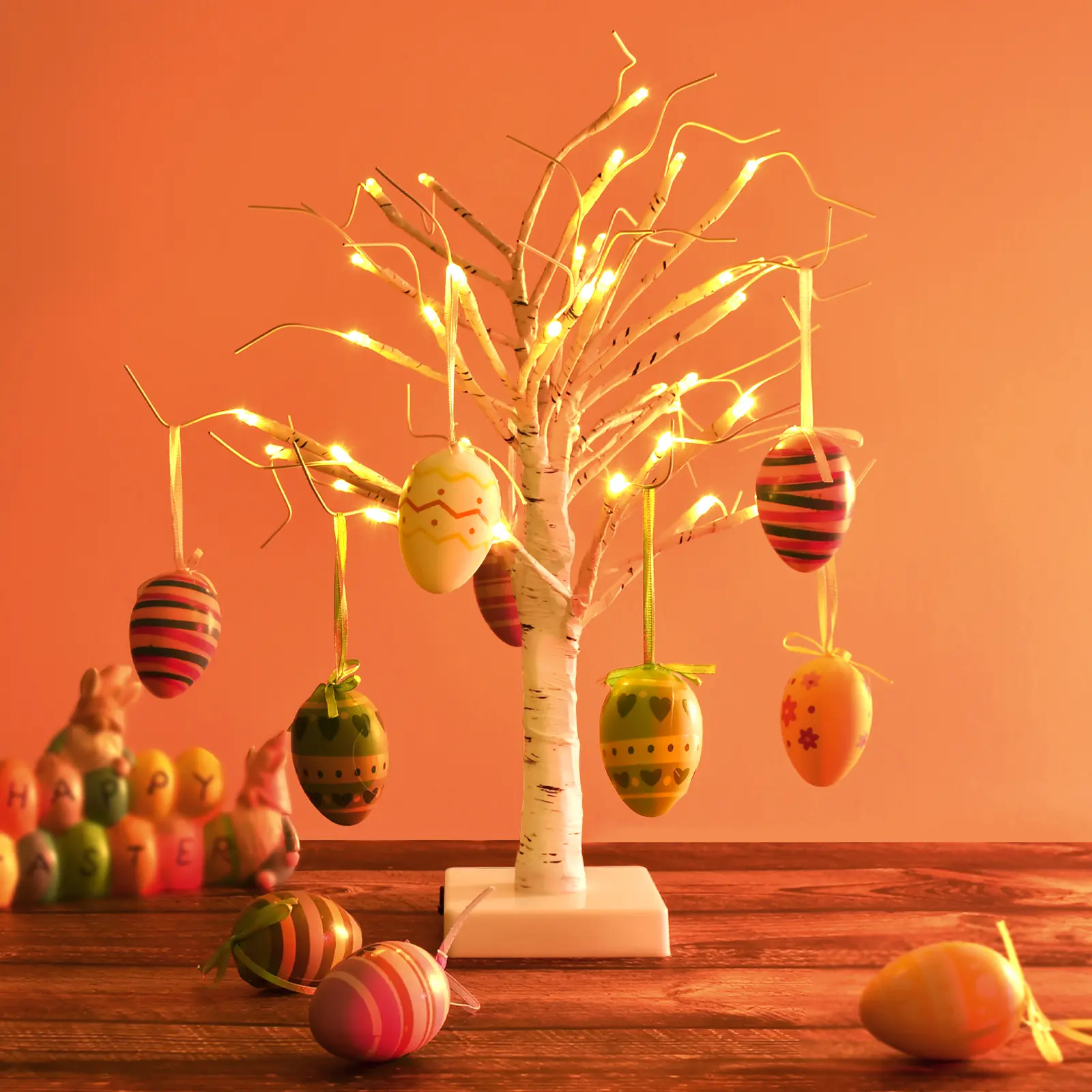Easter Decorations for Home, 2FT 36LT Egg Tree Lighted with Battery Powered and, Lighted Easter Trees Decor, Pre-lit White Birch Tree for Party Spring Decor