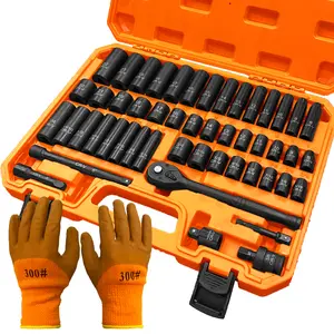 DARK DUCK 50pcs Set Standard SAE (5/16 To 3/4 Inch) and Metric (8-22mm) Size Cr-V 3/8-Inch Drive Ratchet Handle Drive Extension Bar with Gloves Heavy Duty Hardware