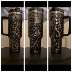 40 oz tumbler Drinkware cup engraved with skulls, riding motorcycles and motorcycle parts