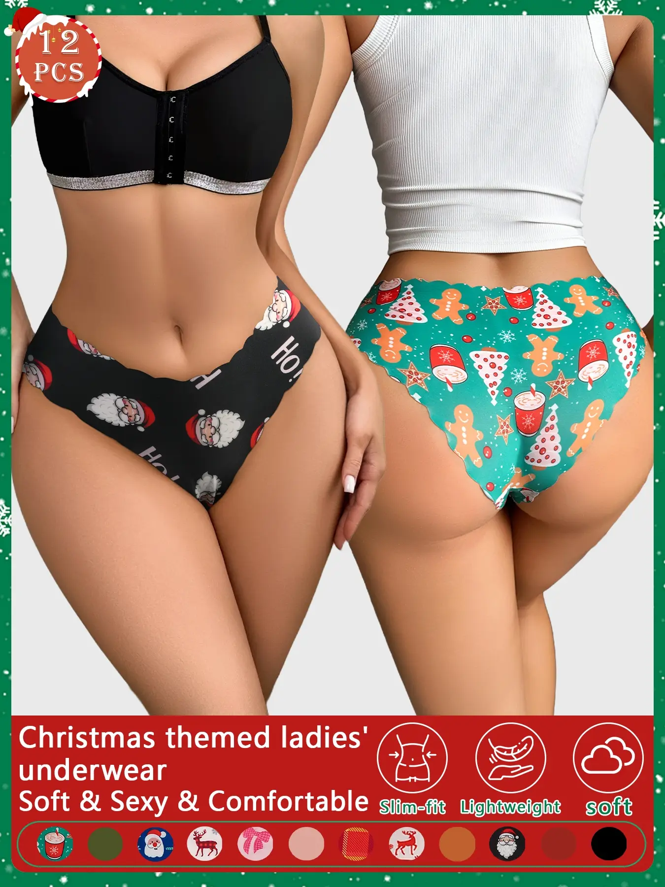12-pack Christmas women's panties, suitable for wearing during Christmas, Halloween, and Valentine's Day, can be worn in autumn and winter for everyday use in all seasons, printed solid color briefs, lively and fun women's lingerie.