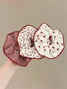 3 pieces of women's wine red ruffled wavy bow plaid large intestine Scrunchies, Wavy curly scrunchies, suitable for daily use, parties, and travel