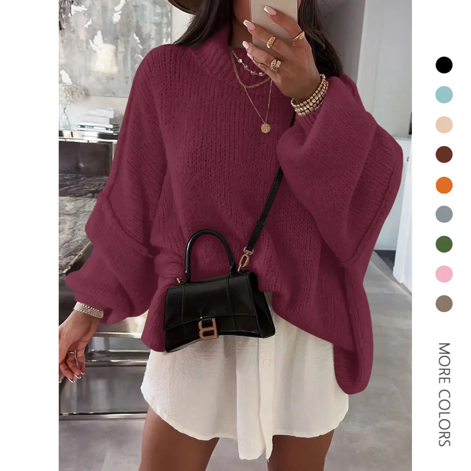 Danedvi Women's Oversized Chunky Mock Neck Pullover Knitwear Top - Batwing Long-Sleeve Ribbed Tunic for Party, Casual Wear, Tops, Longsleeves, Knitting, Lady, Clothes, Drop Shoulder, Oversized Cut, Ribbed Knit
