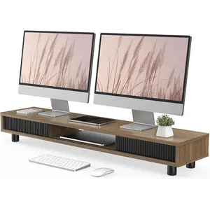 Dual  Stand, 42.5inch Long  Stands Riser for 2 Monitors, Sliding Door with Storage Organizer Stand for Desk, 2 Tier Desk Shelf for Laptop, Pc, Printer, , TV