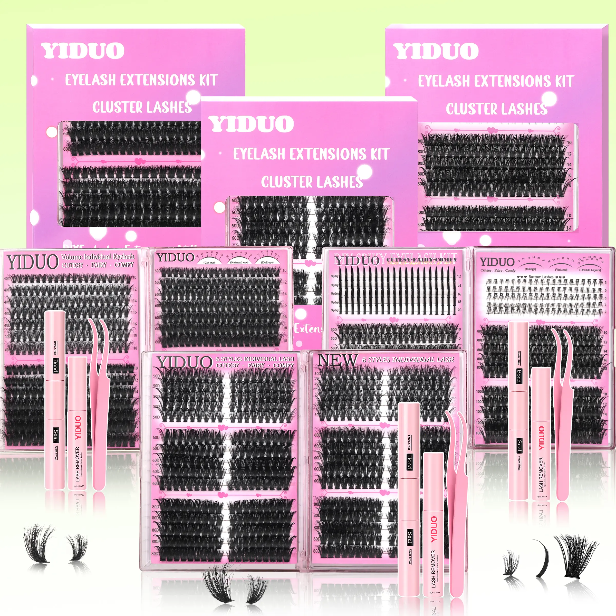 YIDUO Lash Clusters Kit 3 Styles Lashes With Bond and Seal, Volumized Fake Eyelashes, Voluminous False Eyelashes, Fluffy Eyelashes Cluster, Volume/Thick Eyelash Clusters 5-20mm D Curl Individual Lashes with Essentials for Beginners