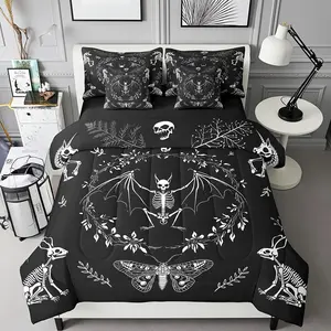 Moth Animal Comforter Set in a Bag,7 Pieces,Gothic Skull Boho Flower Bed Set,(1 Comforter,2 Pillowcase,2 Pillow Covers,1 Flat Sheet,1 Fitted Sheet)