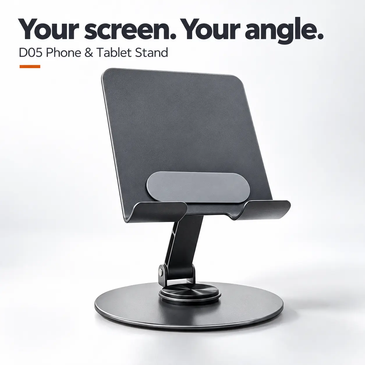 Adjustable Metal Desk Phone & Tablet Holder (D05 Model, Space Gray) - 360° Rotate Base, Silicone Pads, Fits 4–11 Inch Phones/Tablets, Desk Accessories