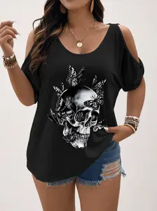 Women's Plus Size Gothic Chic T-Shirt - Oversized Cold Shoulder Sleeveless Top with Butterfly & Skull Graphic, Asymmetrical Hem, Comfortable Casual Party Clothes for Everyday Halloween Use - Perfect Gift for Goth Retro Fashion Enthusiasts