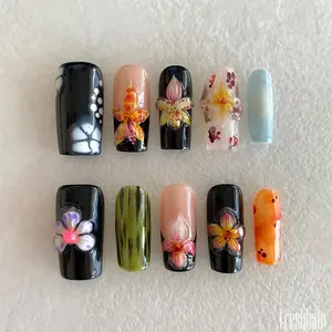 Black Floral Press on nails long square nails/3D Flower Nails/Green nails/Fall Nails/autumn nails/Birthday Elegant nails/Maple Leaf Nails