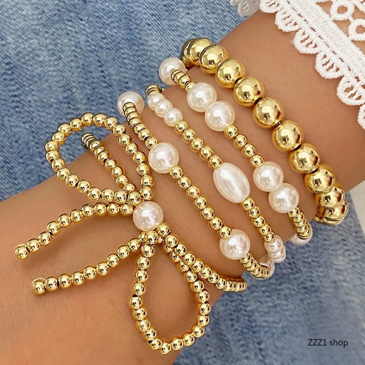 Women's Gold Beaded Sports Wristbands Set - Chunky Pearl, Coquette Bow, Ball Chain Unisex Jewelry Accessories, Fashionable Stack Bracelets, Boho Beach Gift for All Seasons, Bangle, Chunky Pearls, Stack Bangles, Bead Bracelets
