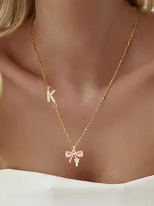 Artificial Crystal Bowknot Initial Pendant Necklace, Stainless Steel Bead Chain Necklace for Women for Gift, Fashion All-match Accessories for Daily Wear