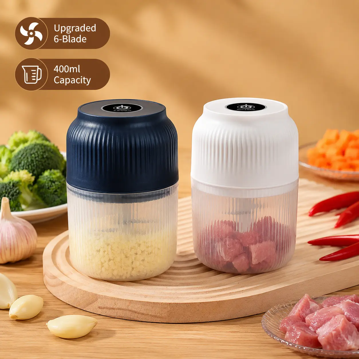 Upgraded 400ml 6-Blade Electric Food Chopper | USB Rechargeable Mini Food Processor for Garlic, Meat, Vegetables, Onion & Chili