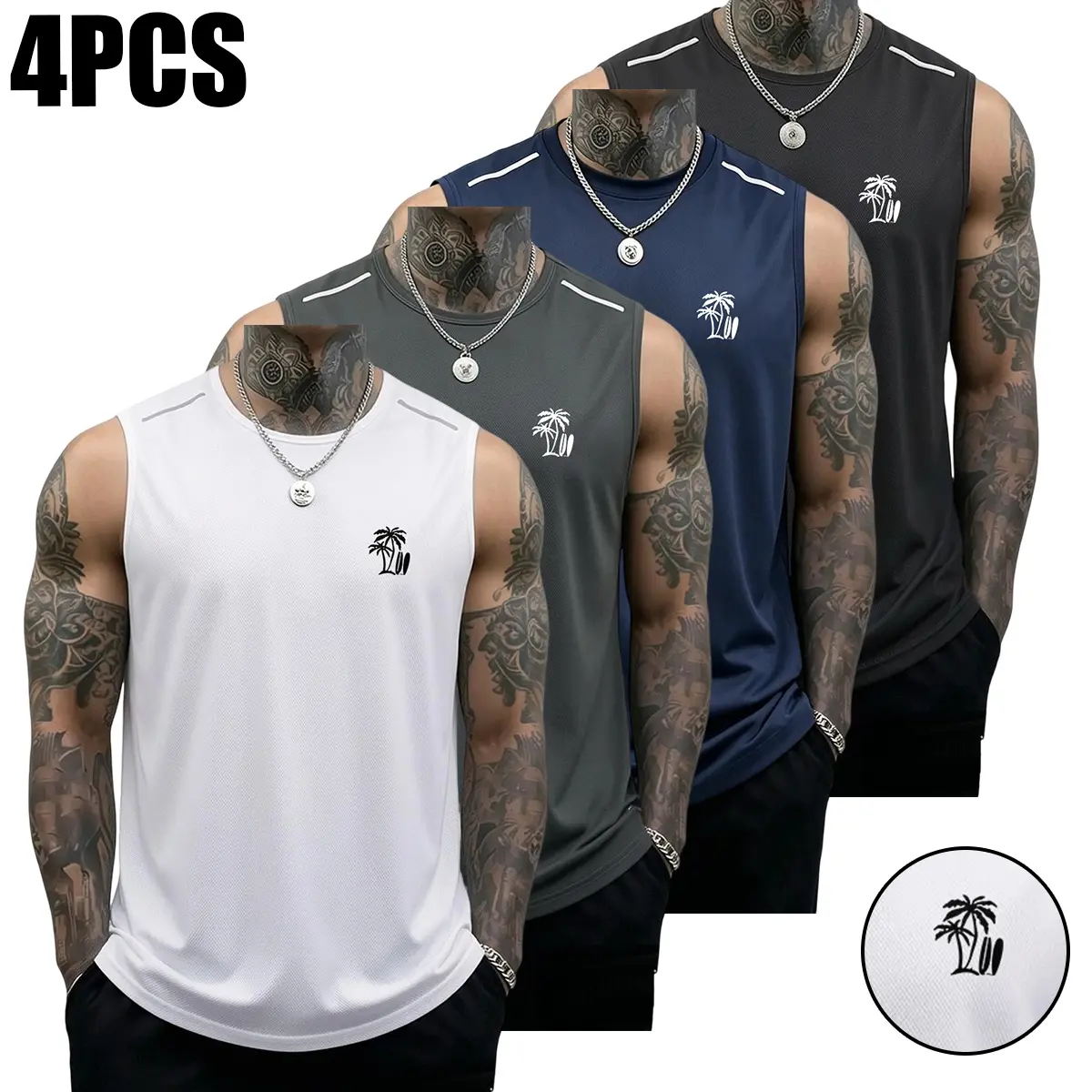 4PCS Men’s Tank Tops: casual soft sleeveless muscle T-shirt, fitness T-shirt, sports tank top; solid color design; Coconut Tree summer beach creative print; summer vibe; SummerWins; versatile men’s tank tops; men’s gift tank tops; men’s running tank tops;