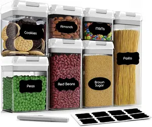 Airtight Food Storage Container Set - 7-Piece Clear Plastic Canister Set for Cereal and Flour with Easy Lock Lids, Ideal for Kitchen Pantry Organization and Storage, Includes Labels and Marker.