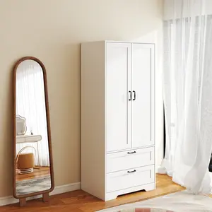 Wooden wardrobe, independent metal hanging rod clothes storage cabinet, double-door wardrobe, with two drawers plus an adjustable bookshelf, suitable for bedrooms, living rooms, laundry rooms and walk-in closets tiktokshopspringglowup