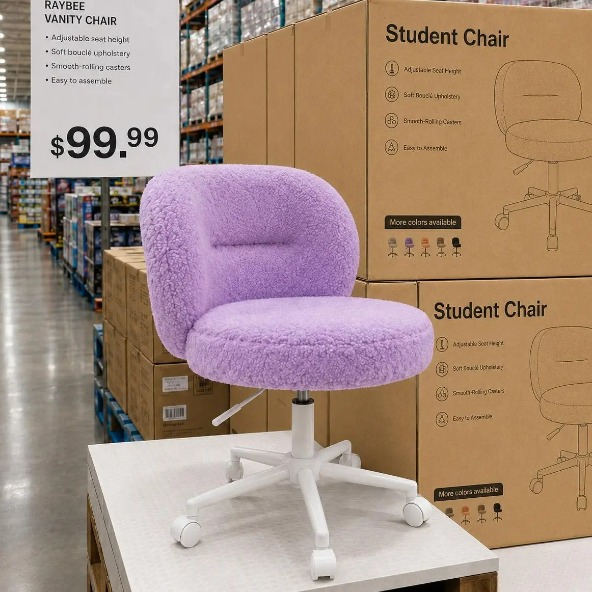 Raybee Small Vanity Chair with Back,Cute Armless Home Office Desk Chairs, Height Adjustable & 360° Swivel,  Comfy Computer Chair for Bedroom, Home Office,School ,Purple