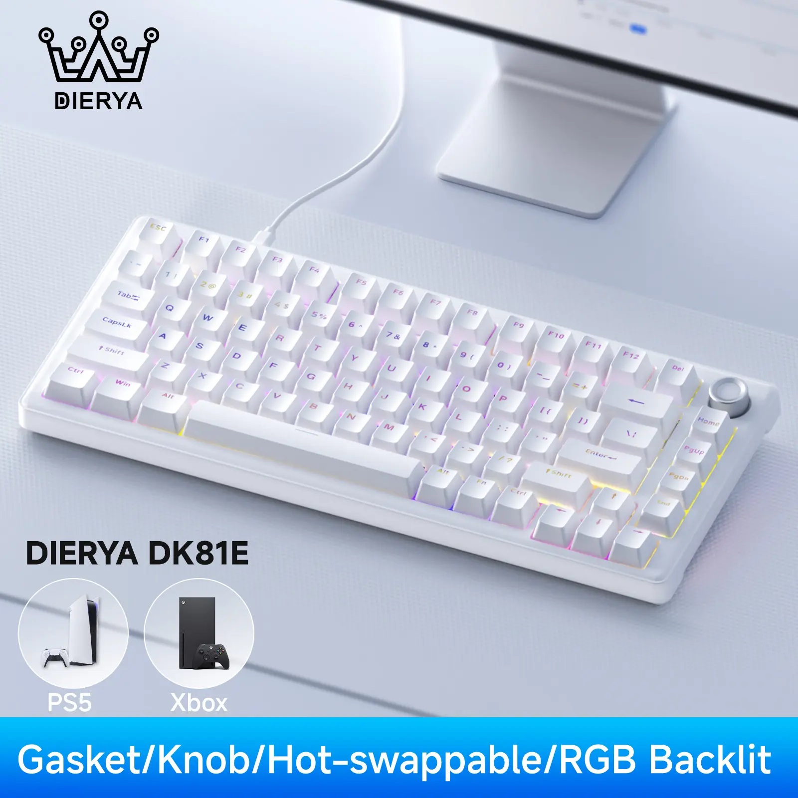KEMOVE DK81E/T81E 75% Creamy Mechanical Gaming Keyboard, Hot-Swap Keys, Gasket-Mount, Programmable, Volume Knob, RGB Backlit, Double-Shot Caps, 6-Layer Foam, Pre-Lubed Switches, Detachable USB-C Cable, Desktop Ambiance, White, Durable