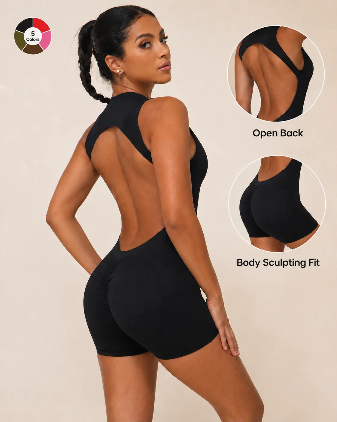 Women's High Neck Workout Romper, Open Back Sculpting Short Jumpsuit, Butt Lifting Quick-Dry 4-Way Stretch Activewear for Yoga Gym