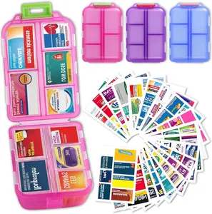 Travel Pill Organizer Box with 300 Labels, 10 Compartment Small Pill Case Medicine Kit, Portable Pocket Purse Pharmacy, Daily Weekly Vitamin Supplement Medication Holder（no pills）-MM1