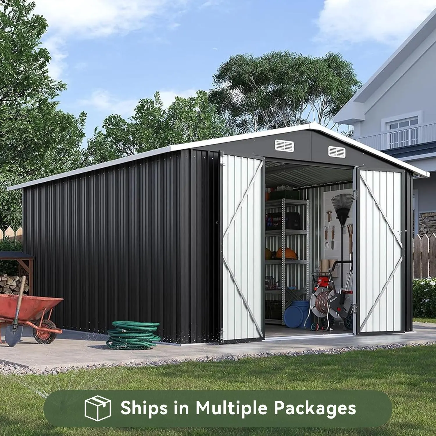 Aoxun 10x12FT Large Size Brown Metal Outdoor Storage Shed, Double Hinged Lockable Door, Metal Roofing Sloped Roof Utility Garden Shed for Garden, Backyard [On Sale], Shed Outdoor Storage, Enclosure Garden Buildings,campingessentials,outdoorfurnitureset,ca