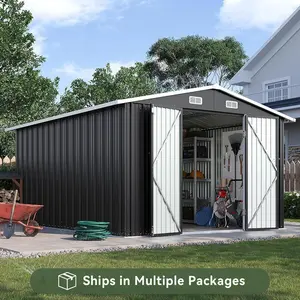 Aoxun 10x12FT Large Size Brown Metal Outdoor Storage Shed, Double Hinged Lockable Door, Metal Roofing Sloped Roof Utility Garden Shed for Garden, Backyard [On Sale]