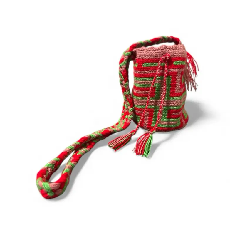 Mini Mochila Handmade in Crochet - Red & Green Handwoven Bag with Tassel Detail