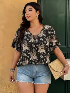 Plus Size Floral Top Blouse, Loose Fit V Neck Tie Design with Pleated Sleeves, Vintage Casual Style, Perfect for Daily, Everyday, Friend Gatherings, and Casual Dates