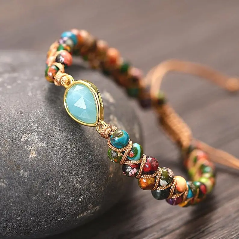 Amazonite Bracelet - Handmade Natural Gemstone Adjustable Bracelet- Healing Gemstone Bracelet for Emotional Balance and Anxiety Relief Beaded Round