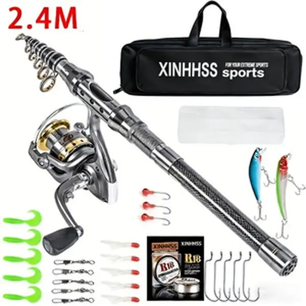Carbon Fiber Telescopic Rod & Reel Combo Full Kit - 15-20 in/6ft-8ft, Unisex Kayak Fishing & Camping Gear, Airline Carry-On with Carrier Bag, Saltwater/Freshwater Use, Emergency Car Item, Gift for Dads (Home & Festive Party Supplies)