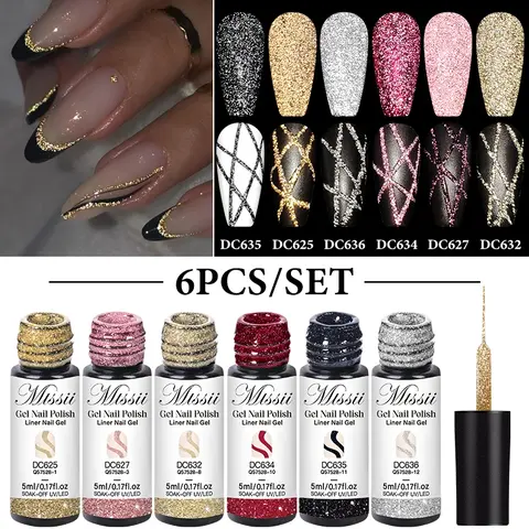 MTSSII 6pcs Reflective Glitter Gels Liner Gel Nail Polish Set, Diy French Manicure, Champagne Glow-in-Dark French Line Nail Gel, Semi Permanent Nail Painting UV Light Gel with 2-in-1 Ultra-Fine Brush Tips, Painting Gel For Nail Art, Nail Art Supplies