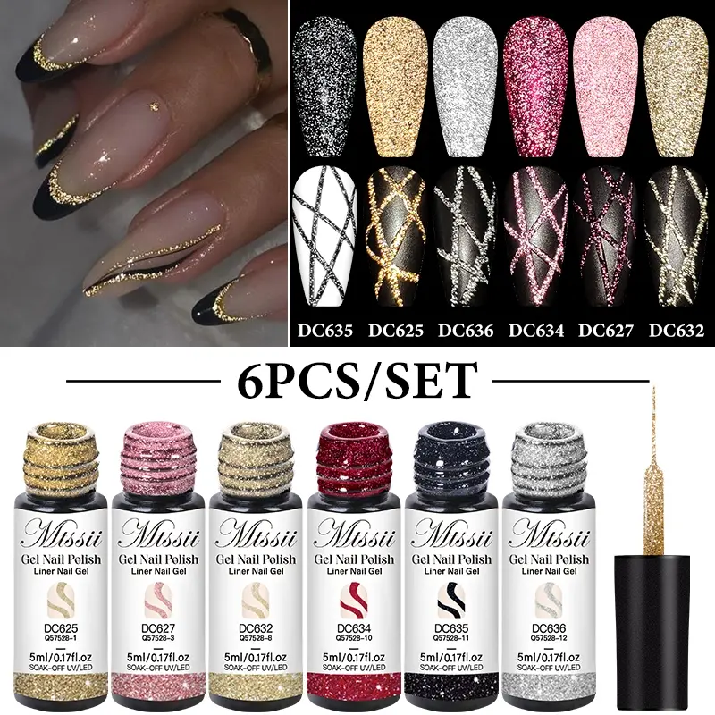 MTSSII 6pcs Reflective Glitter Gels Liner Gel Nail Polish Set, Diy French Manicure, Champagne Glow-in-Dark French Line Nail Gel, Semi Permanent Nail Painting UV Light Gel with 2-in-1 Ultra-Fine Brush Tips, Painting Gel For Nail Art, Nail Art Supplies