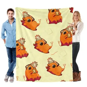 The cute patterned flannel blanket of the Sawdust Man Pochita - in light yellow and featuring the cute Pochita eating toast - is a fun design that is soft and comfortable, perfect for fans.