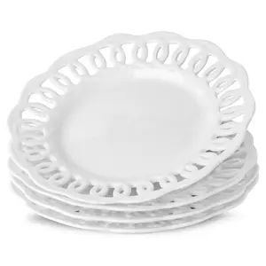 Appetizer Plates Set of 6, 8 inch Dessert Plates with Elegant Lace Rim, Ceramic White Round Plate, Small Serving Dishes for Cake, Snake, Bread, Fruit, Side Dish, Microwave and Dishwasher Safe