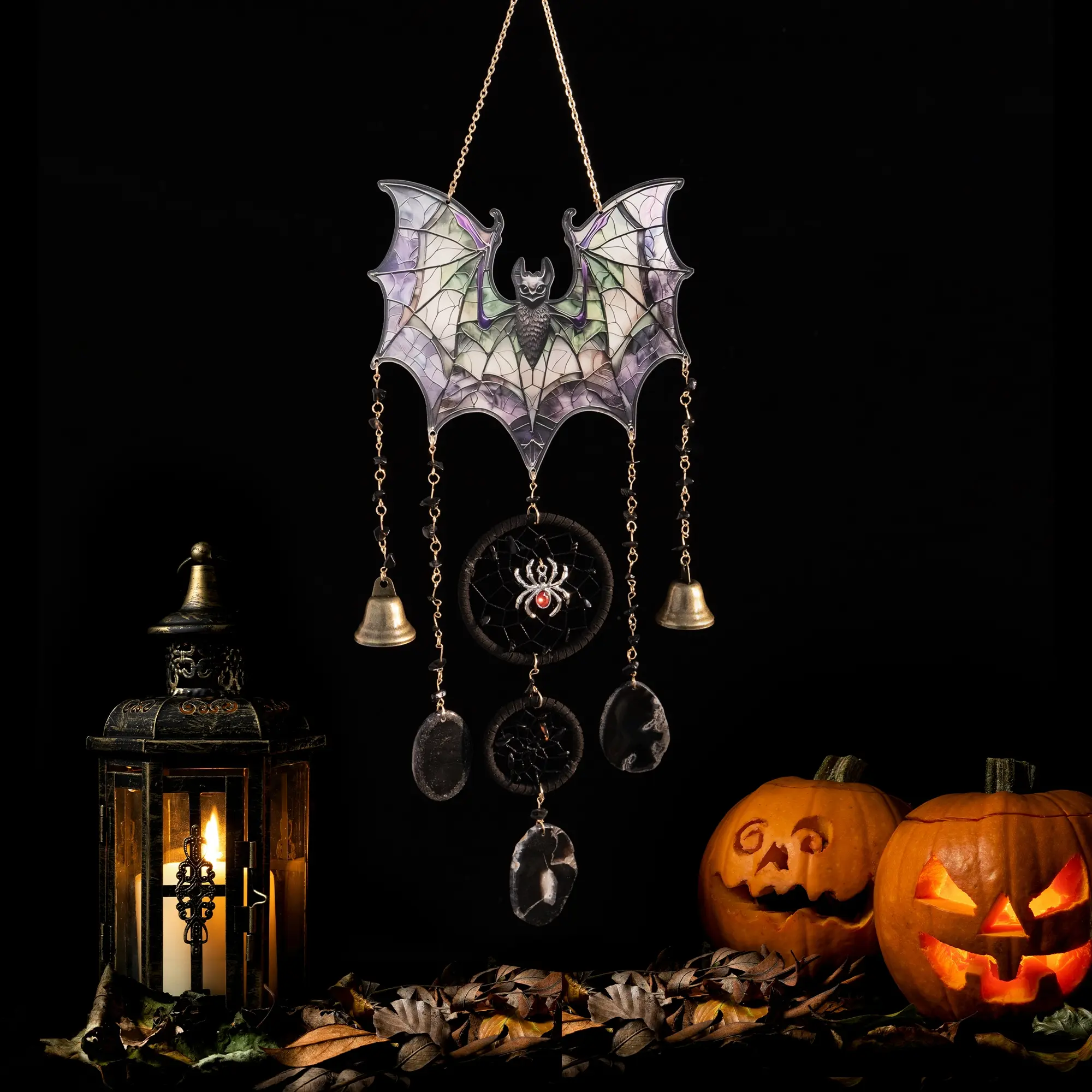 Bat Sun Catcher Halloween Decoration, Glass Acrylic Painted Art Sign, Indoor Room Wall Hanging Decor, Garden Walkway Ornament，Dreamcatcher Wind Bell