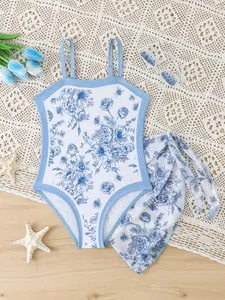 New Girls' One-Piece Swimsuit, Floral Print Strapless Bikini Set, Sheer Wrap Skirt Two-Piece, Flower Swimsuit, Perfect for Beach Parties and Swimming