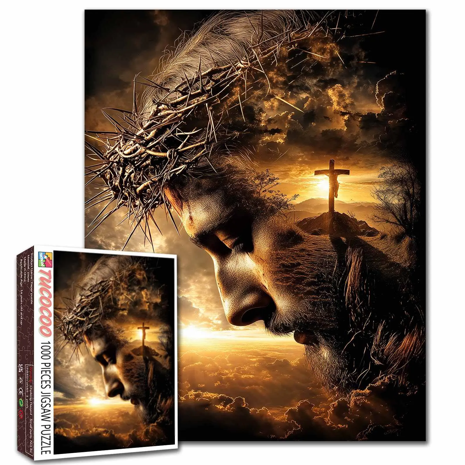 Tucocoo Jesus Crown of Thorns Cross Sunset 1000 Pieces Jigsaw Puzzle Adult, sacred portrait with glowing cross sky, powerful faith art scene, relaxing family game, stress relief, brain challenge, wall decor gift adults seniors 27.5x20inch 70x50cm