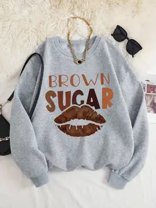 Women's "BROWN SUGAR" Letter & Lip Print Fitted Crew Neck Thermal Lined Sweatshirt Tops, Casual Long Sleeve Pullover for Fall & Winter, Women's Clothes for Daily Wear